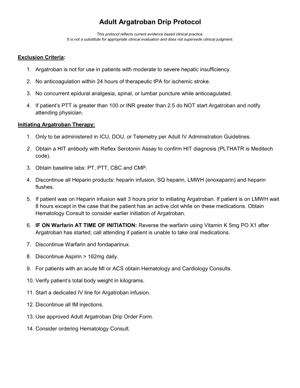 Adult Argatroban Drip Protocol (Draft)