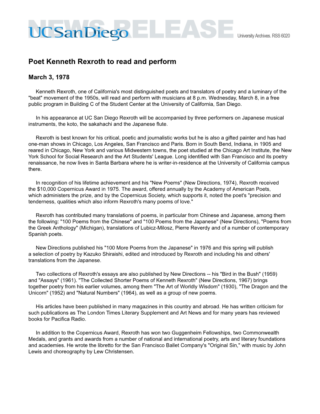 Poet Kenneth Rexroth to Read and Perform