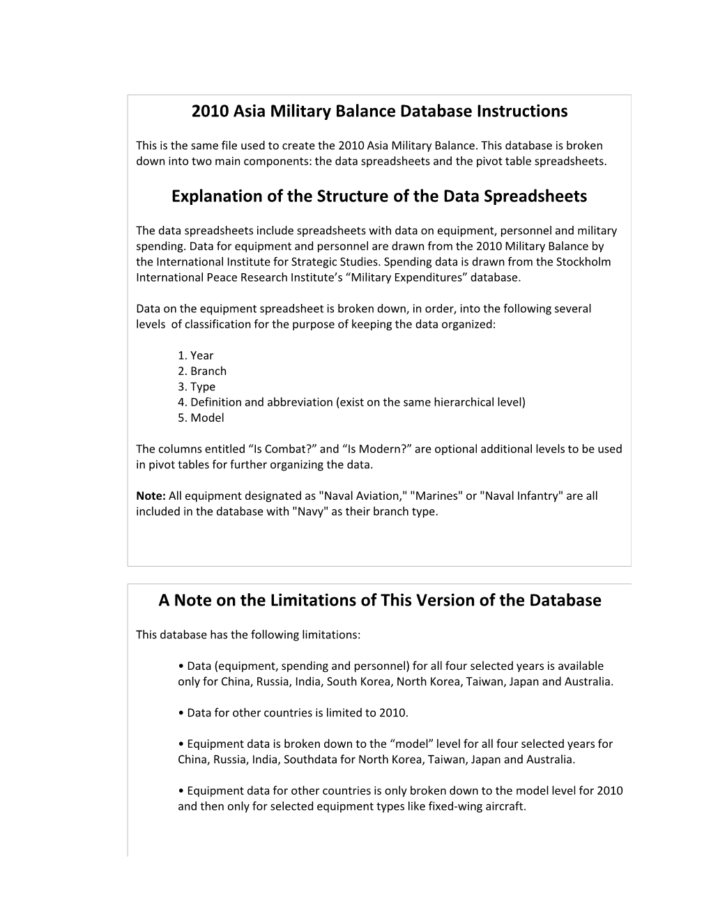 2010 Asia Military Balance Database Instructions