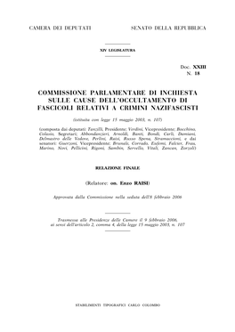 Commissione Parlamentare Di Inchiesta Sulle Cause Dell’Occultamento Di Fascicoli Relativi a Crimini Nazifascisti