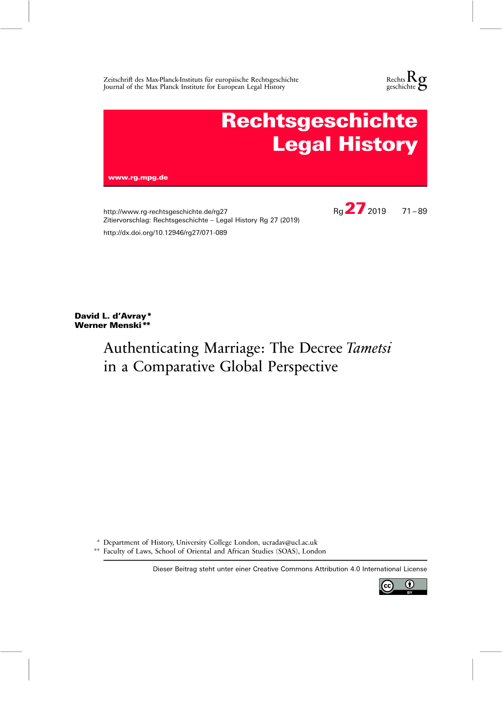 Authenticating Marriage: the Decree Tametsi in a Comparative Global Perspective