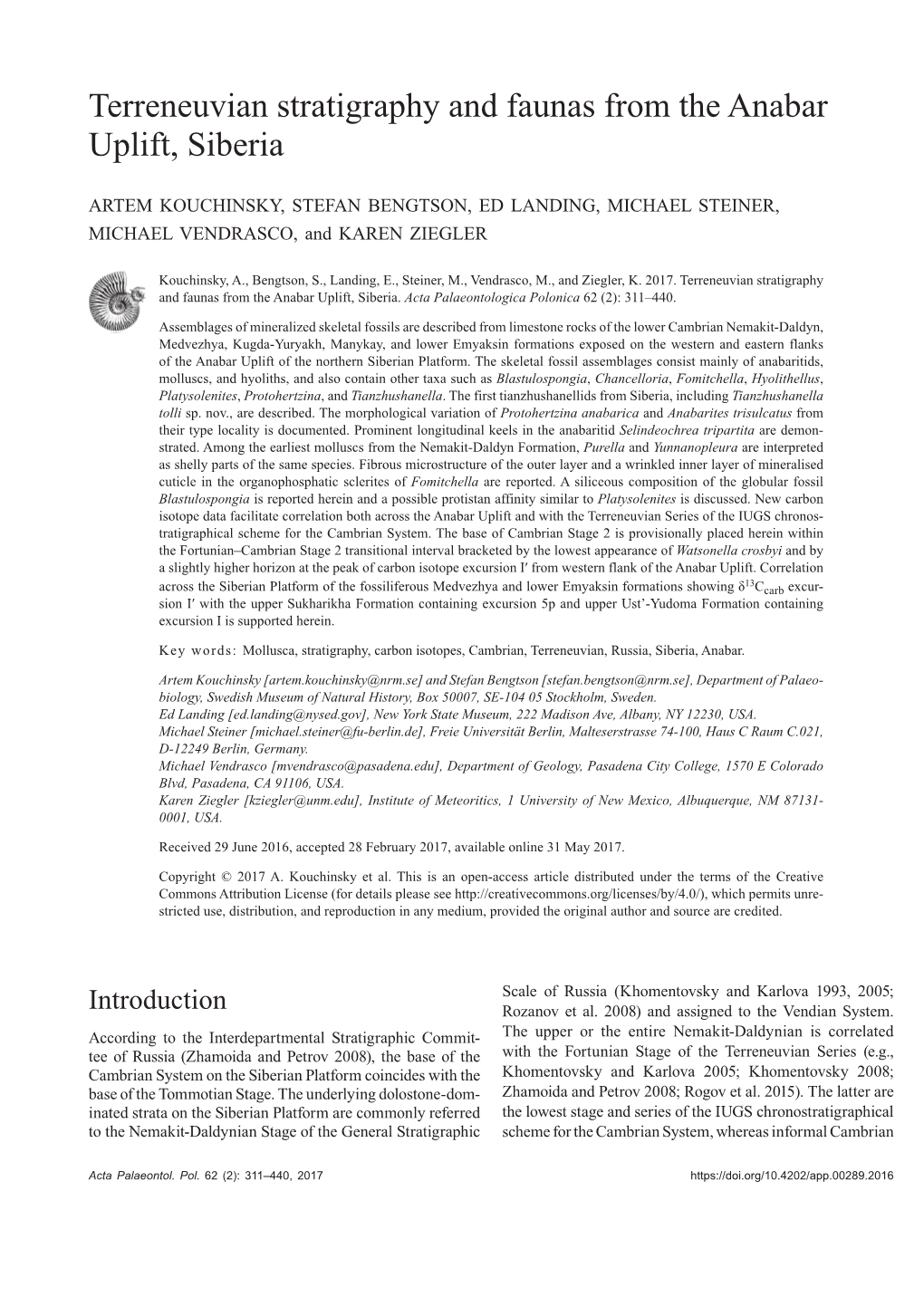 Terreneuvian Stratigraphy and Faunas from the Anabar Uplift, Siberia