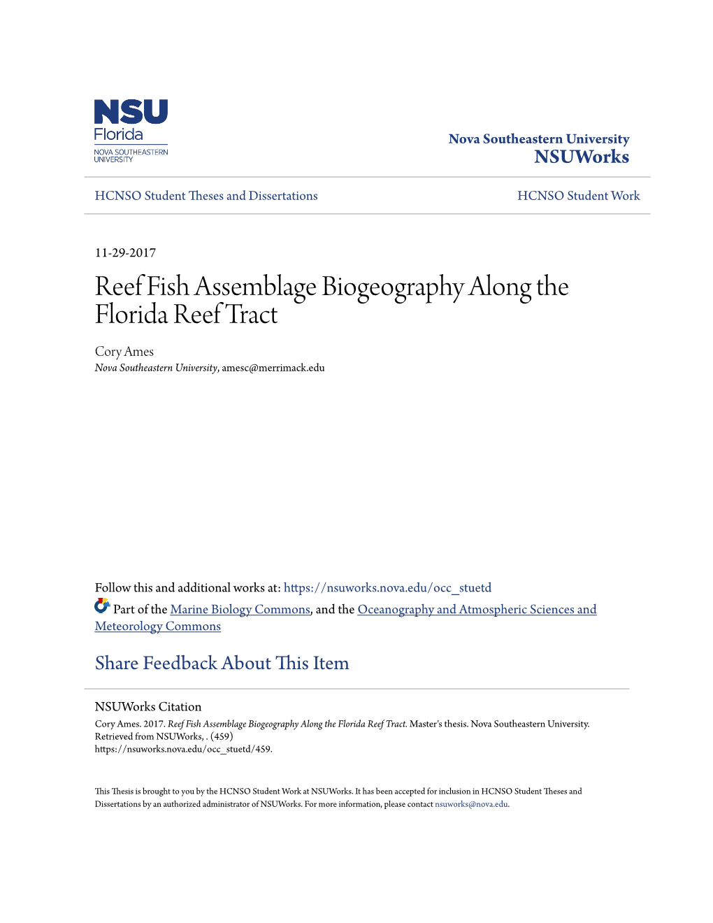 Reef Fish Assemblage Biogeography Along the Florida Reef Tract Cory Ames Nova Southeastern University, Amesc@Merrimack.Edu