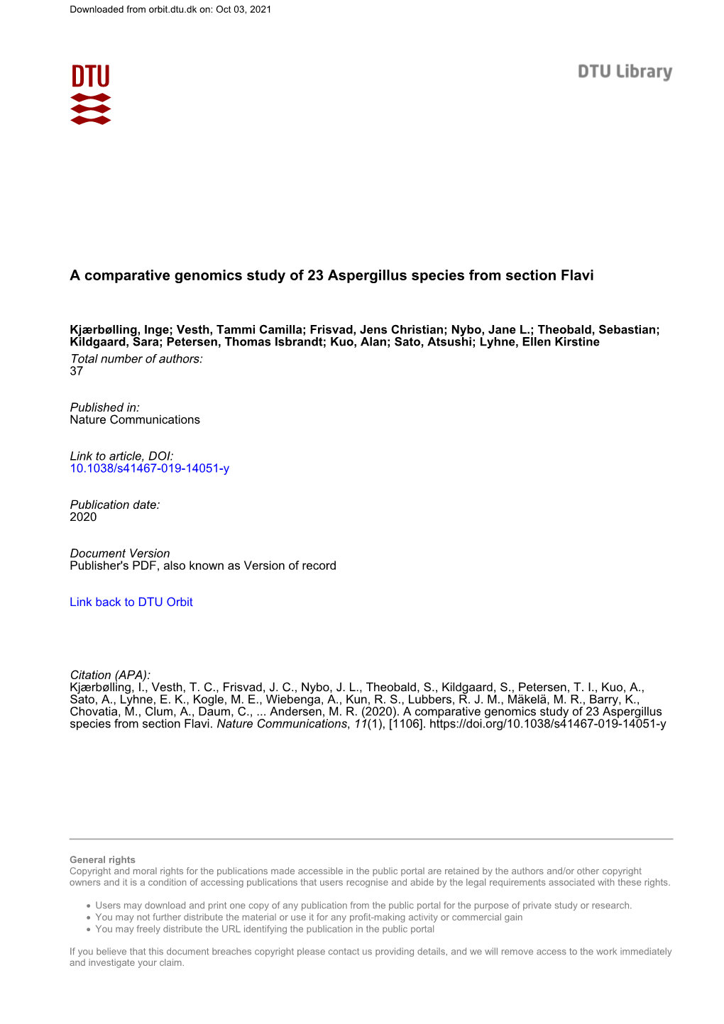 A Comparative Genomics Study of 23 Aspergillus Species from Section Flavi