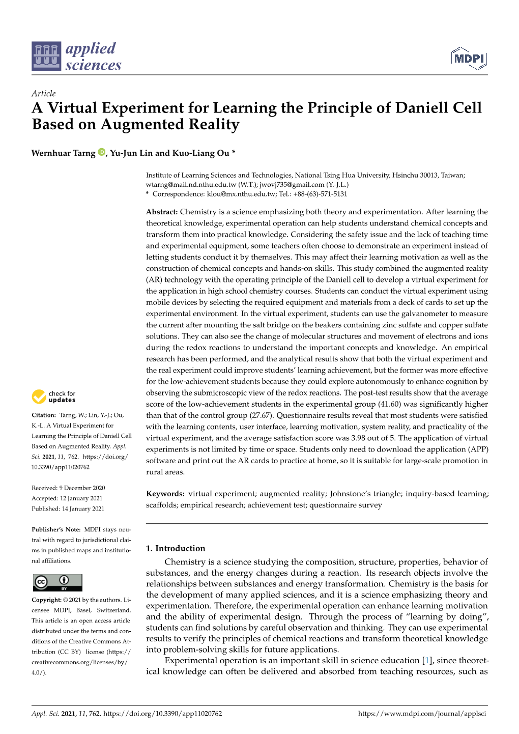 A Virtual Experiment for Learning the Principle of Daniell Cell Based on Augmented Reality