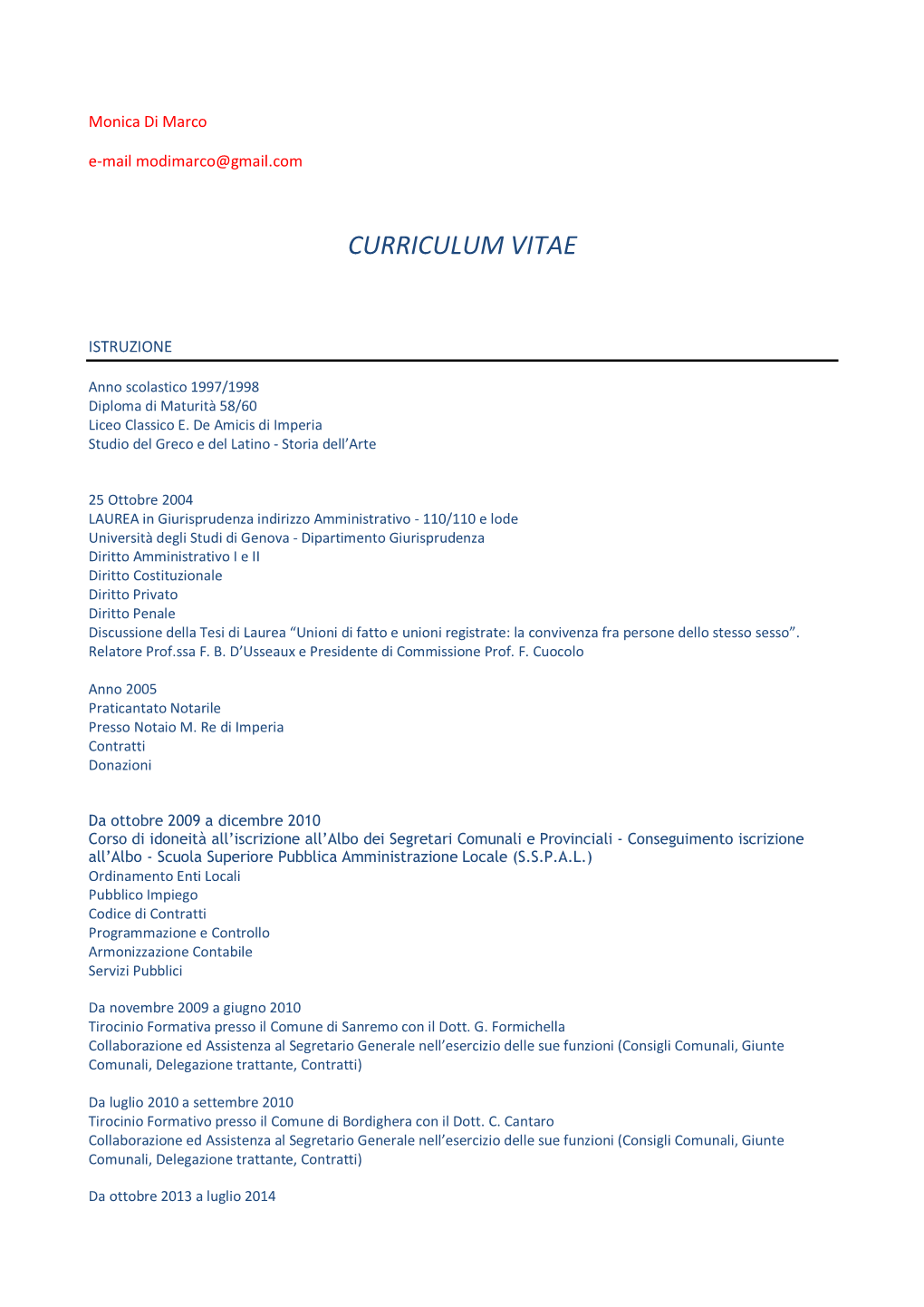 Curriculum Segretario Comunale