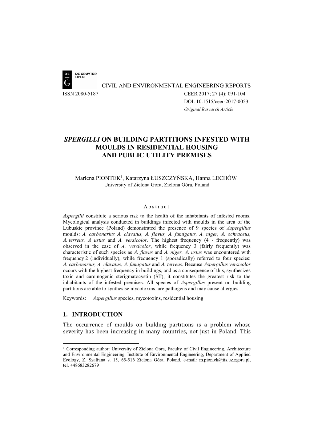 Spergilli on Building Partitions Infested with Moulds in Residential Housing and Public Utility Premises