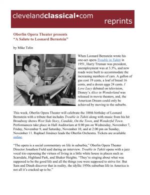 Oberlin Opera Theater Presents “A Salute to Leonard Bernstein” by Mike Telin