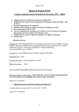 Mairie De Pageas 87230 Compte Rendu Du Conseil Municipal Du 10 Octobre 2017 - 20H30