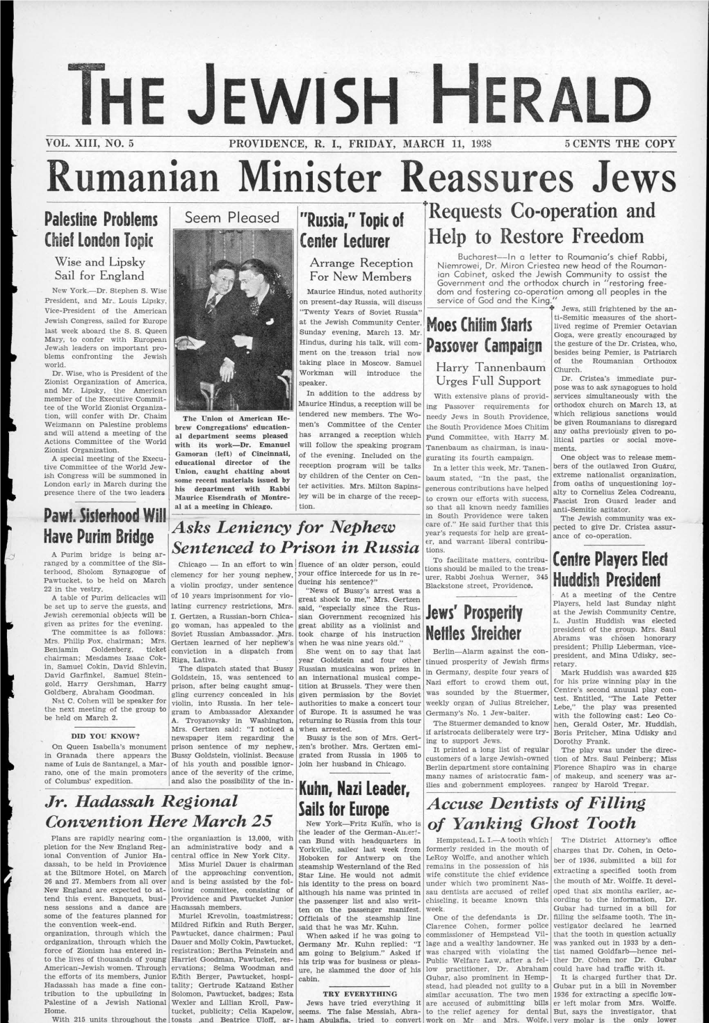 Rumanian Minister Reassures Jews