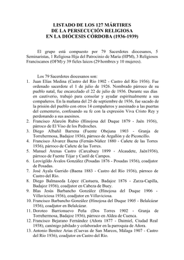Listado De Los 127 Mártires De La Persecución Religiosa En La Diócesis Córdoba (1936-1939)