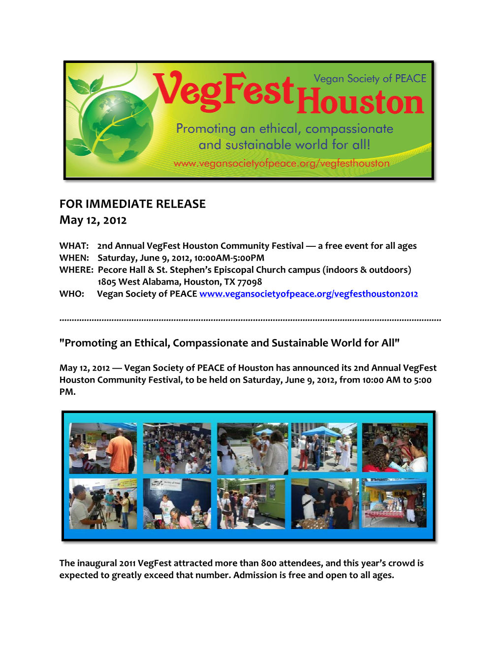 Official Press Release from Vegan Society of P.E.A.C.E