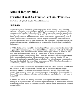 Annual Report 2003 Evaluation of Apple Cultivars for Hard Cider Production