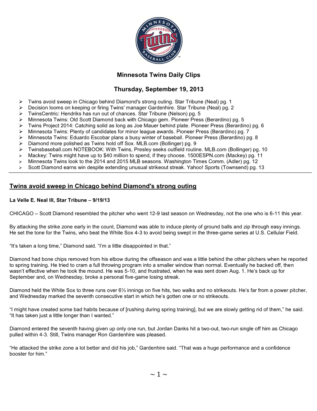 Minnesota Twins Daily Clips Thursday, September 19, 2013 Twins