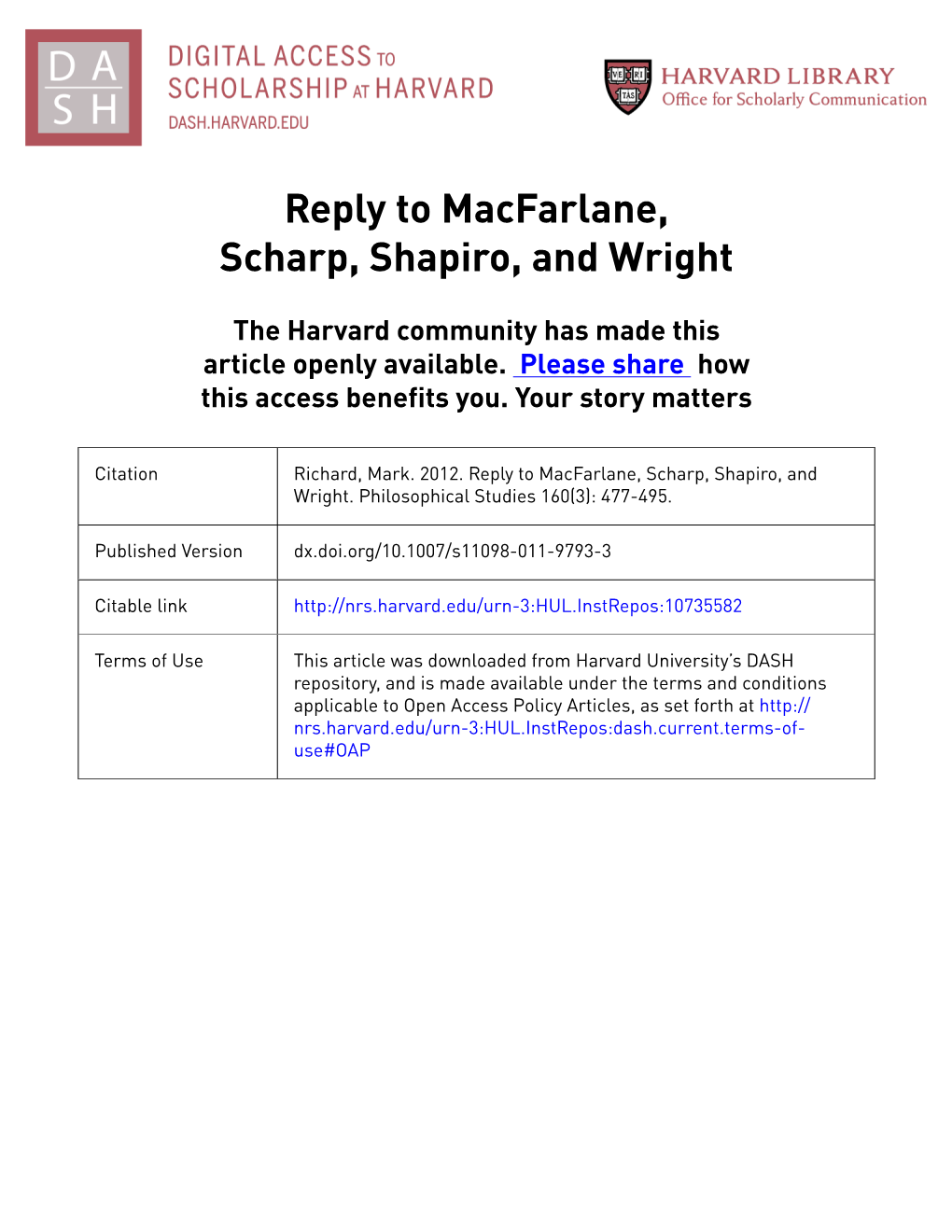 Reply to Macfarlane, Scharp, Shapiro, and Wright