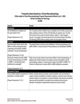 Clinical Neurophysiology (Faqs Related to Clinical Neurophysiology Program Requirements Effective July 1, 2020) Review Committee for Neurology ACGME