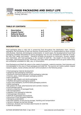 FOOD PACKAGING and SHELF LIFE an Official Journal of the Fraunhofer Institute for Process Engineering and Packaging, Freising, Germany