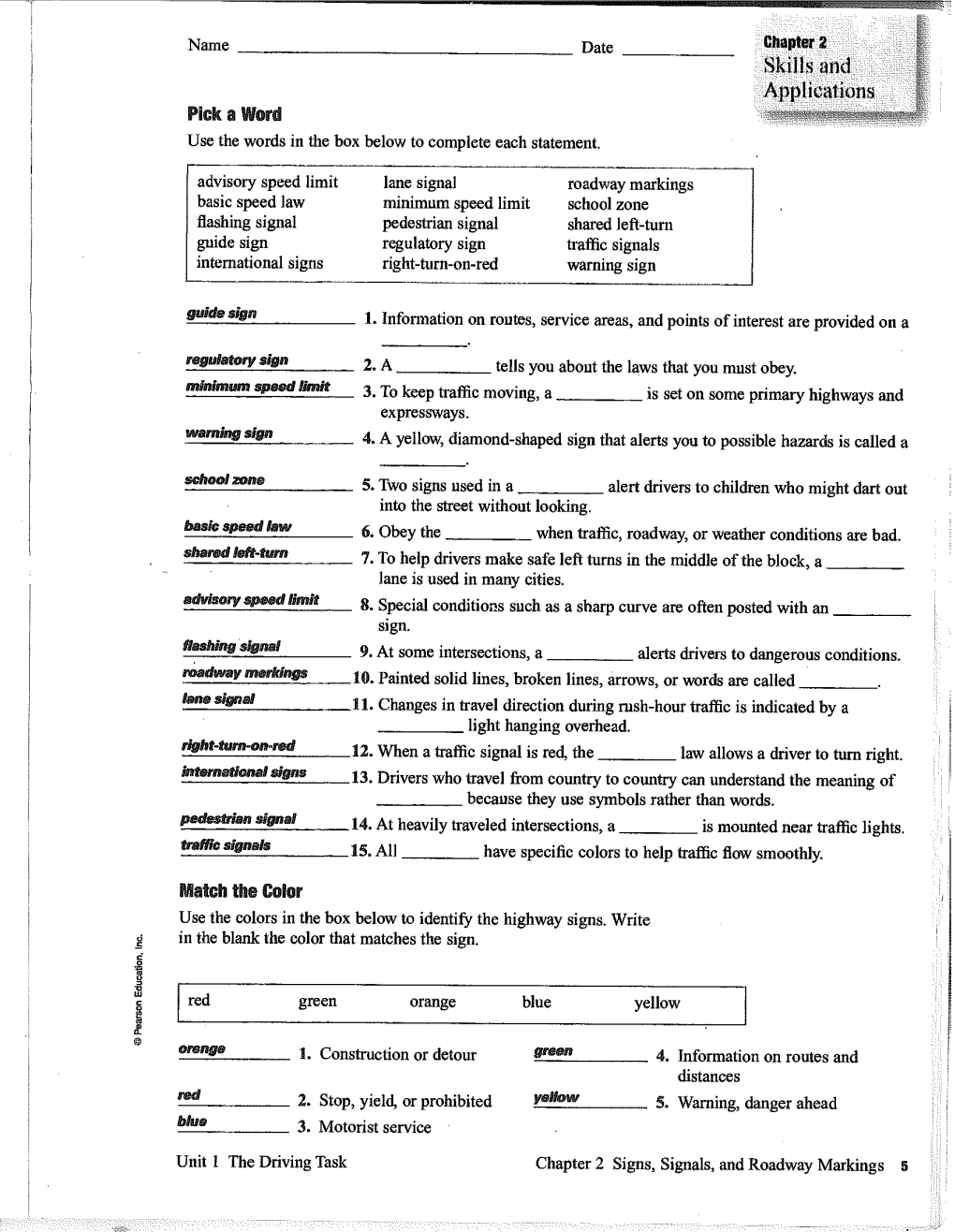 Use the Words in the Box Below to Complete Each Statement. Roadway