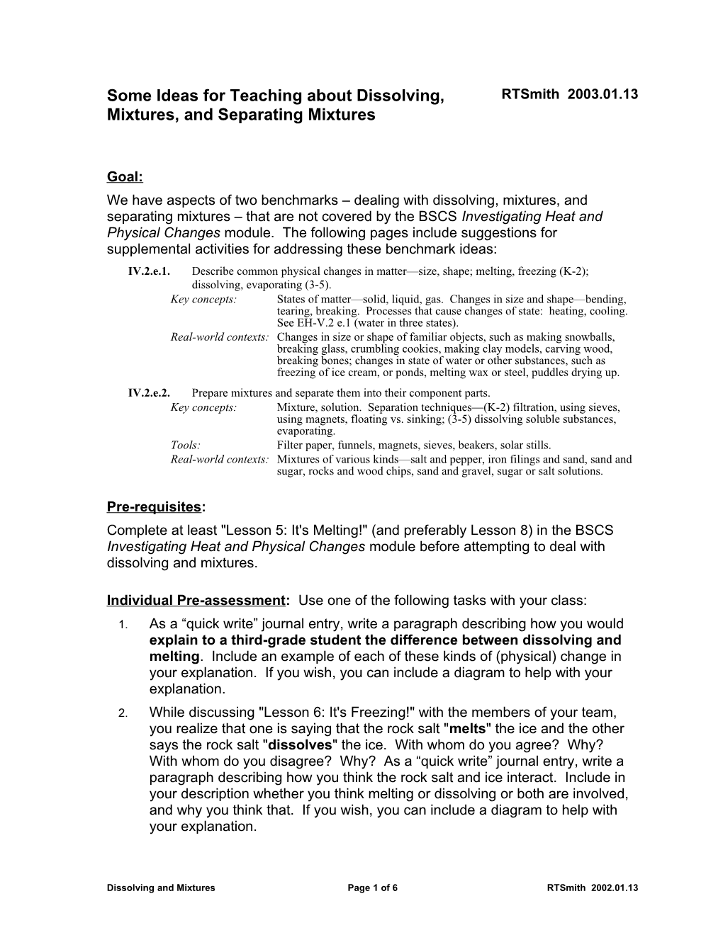 Some Ideas For Teaching About Dissolving, Mixtures, And Separating Mixtures