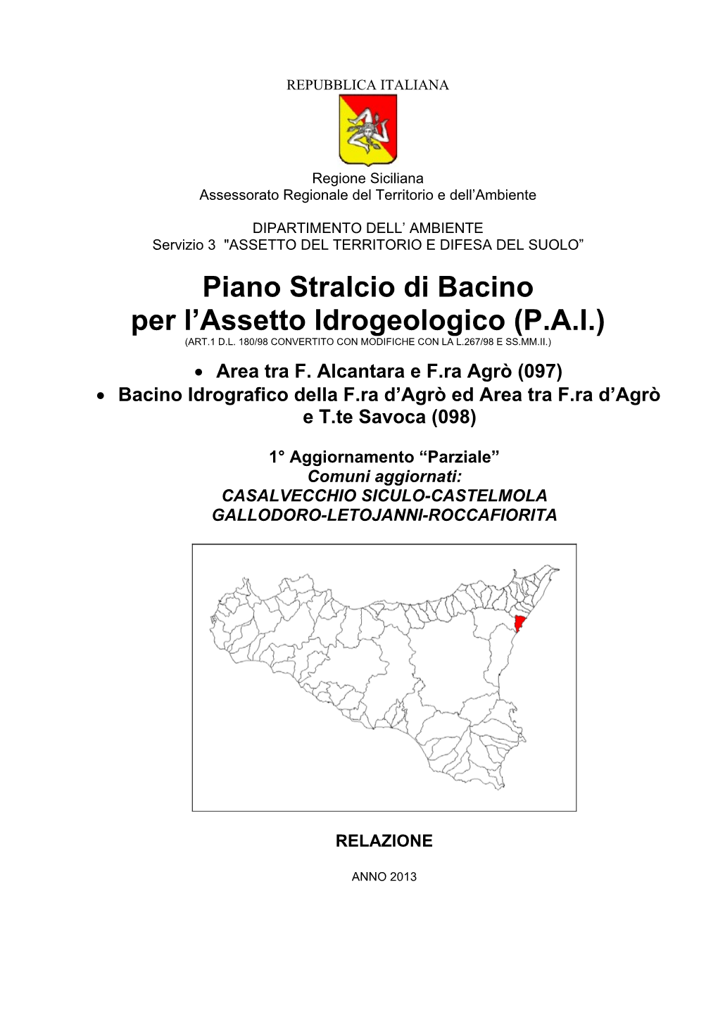 Piano Stralcio Di Bacino Per L'assetto Idrogeologico (P.A.I.)