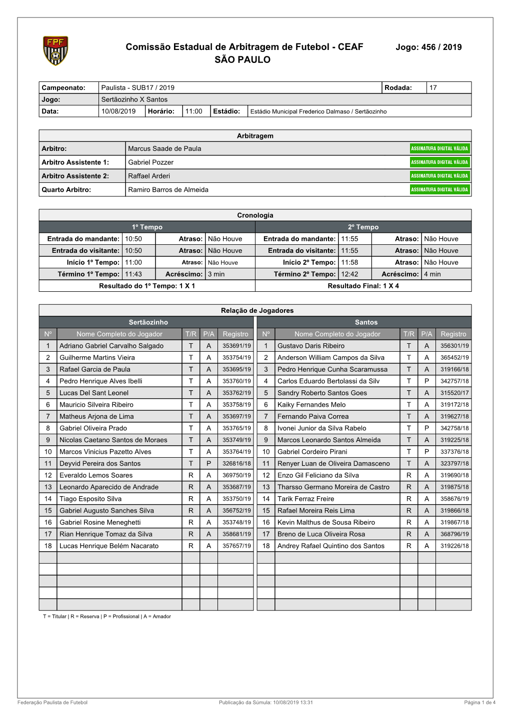 Comissão Estadual De Arbitragem De Futebol - CEAF Jogo: 456 / 2019 SÃO PAULO