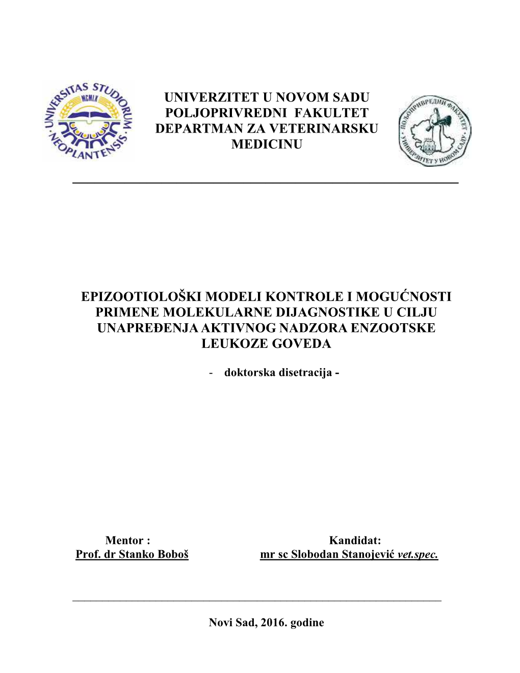 Univerzitet U Novom Sadu Poljoprivredni Fakultet Departman Za Veterinarsku Medicinu