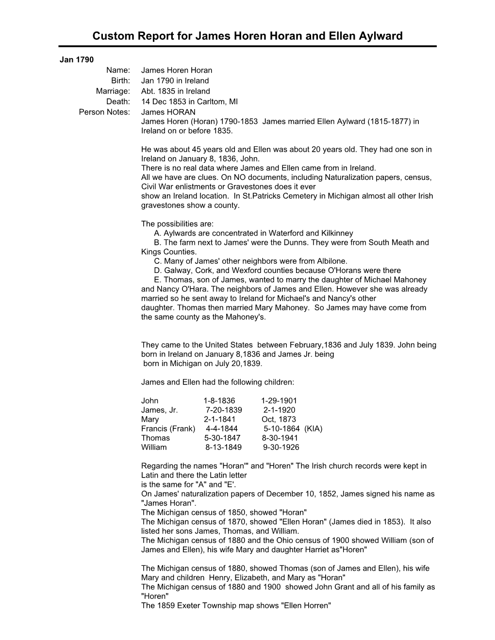 Custom Report for James Horen Horan and Ellen Aylward