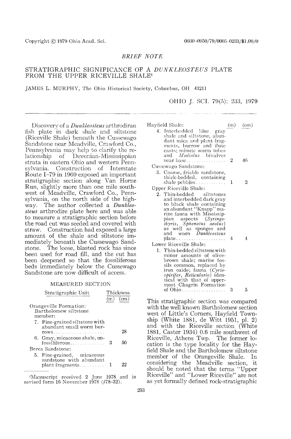 Brief Note Stratigraphic Significance of a Dunkleosteus Plate from the Upper Riceville Shale1