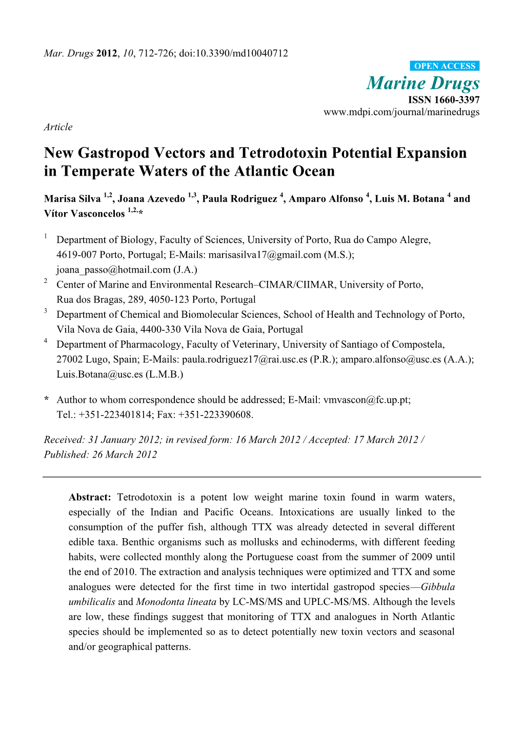 New Gastropod Vectors and Tetrodotoxin Potential Expansion in Temperate Waters of the Atlantic Ocean