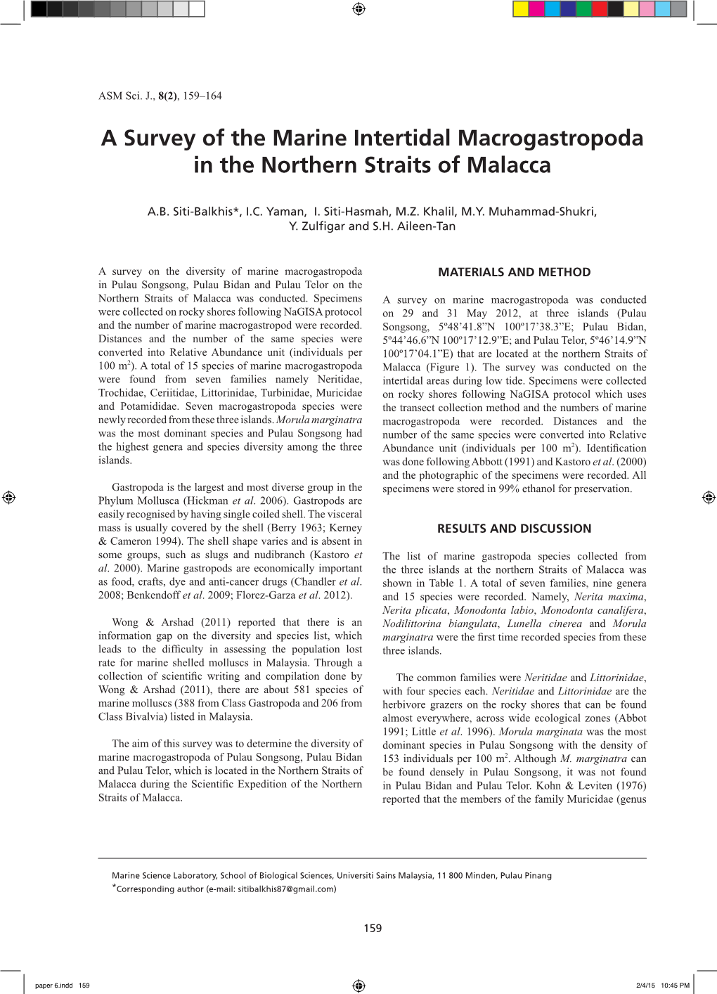 A Survey of the Marine Intertidal Macrogastropoda in the Northern Straits of Malacca