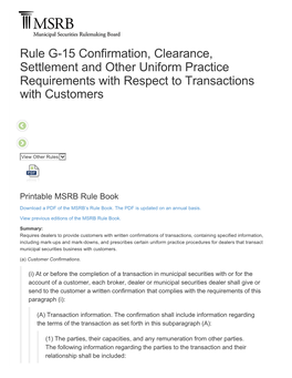 Rule G-15 Confirmation, Clearance, Settlement and Other Uniform Practice Requirements with Respect to Transactions with Customers
