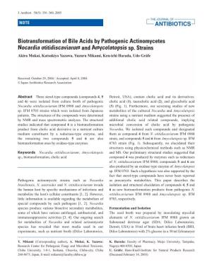 Biotransformation of Bile Acids by Pathogenic Actinomycetes Nocardia Otitidiscaviarum and Amycolatopsis Sp
