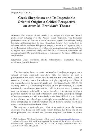 Greek Skepticism and Its Improbable Oriental Origin: a Critical Perspective on Aram M