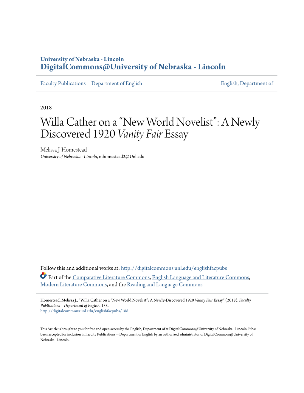 Willa Cather on a “New World Novelist”: a Newly-Discovered 1920 Vanity Fair Essay