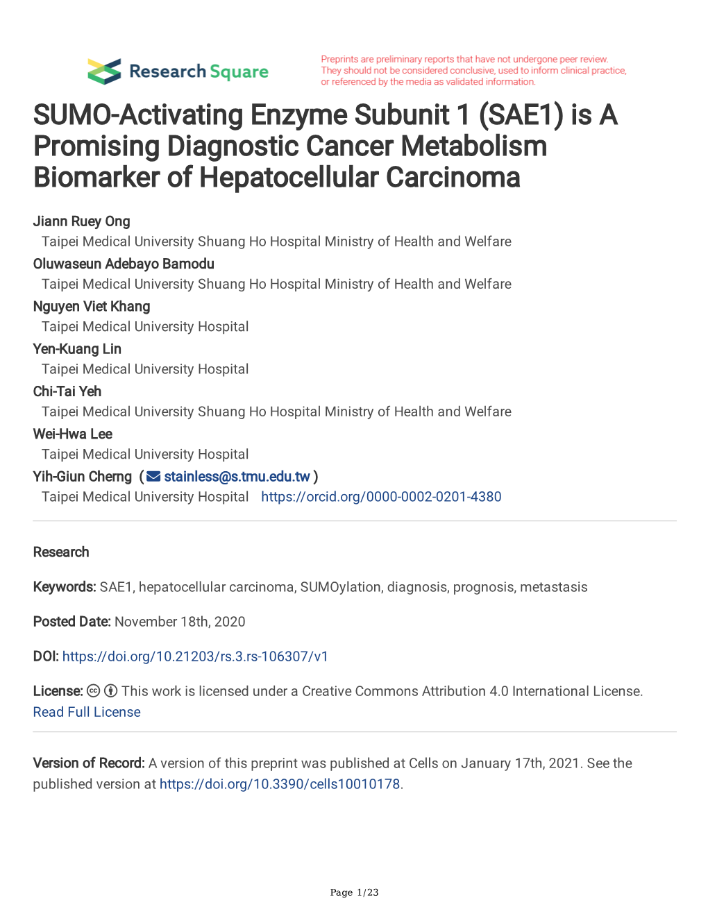 SAE1) Is a Promising Diagnostic Cancer Metabolism Biomarker of Hepatocellular Carcinoma