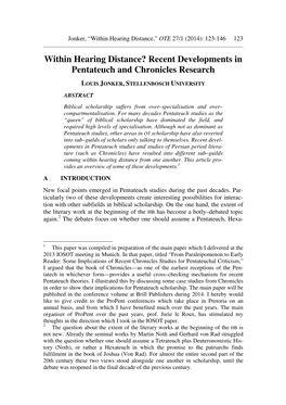 Within Hearing Distance? Recent Developments in Pentateuch and Chronicles Research