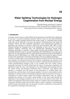 Water Splitting Technologies for Hydrogen Cogeneration from Nuclear Energy