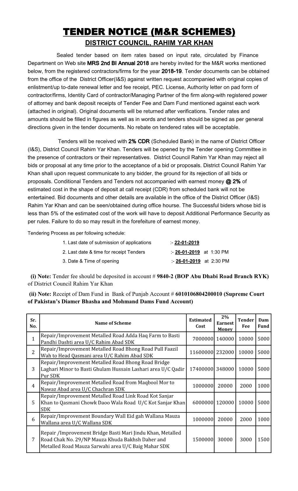 Tender Notice (M&R Schemes)