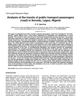 Analysis of the Travels of Public Transport Passengers (Road) in Ikorodu, Lagos, Nigeria