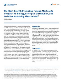 The Plant-Growth-Promoting Fungus, Mortierella Elongata: Its Biology, Ecological Distribution, and Activities Promoting Plant Growth1 Hui-Ling Liao2