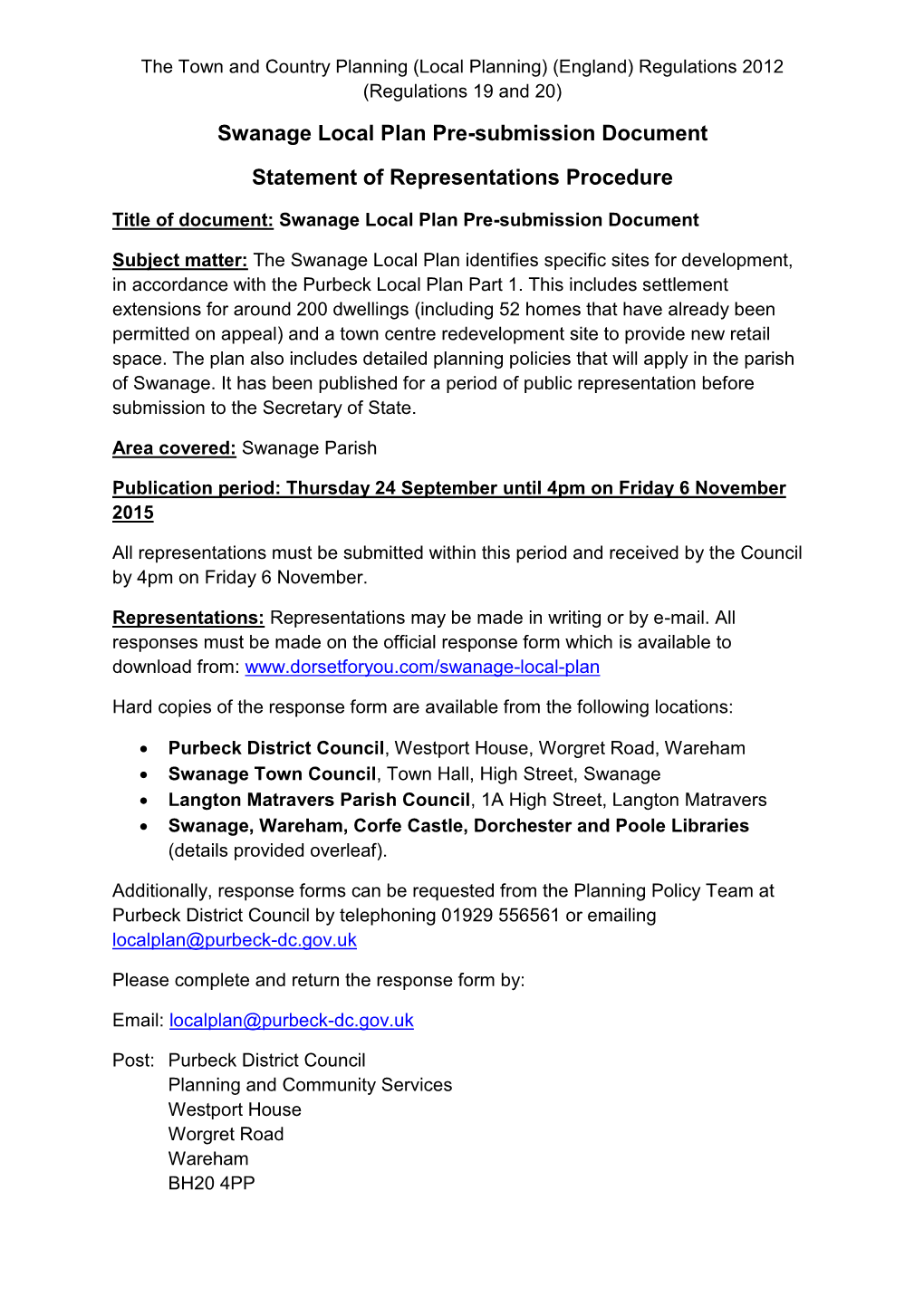 Swanage Local Plan Pre-Submission Document Statement of Representations Procedure