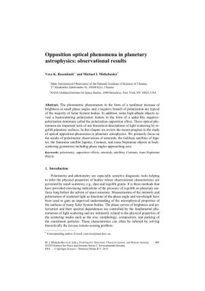 Opposition Optical Phenomena in Planetary Astrophysics: Observational Results