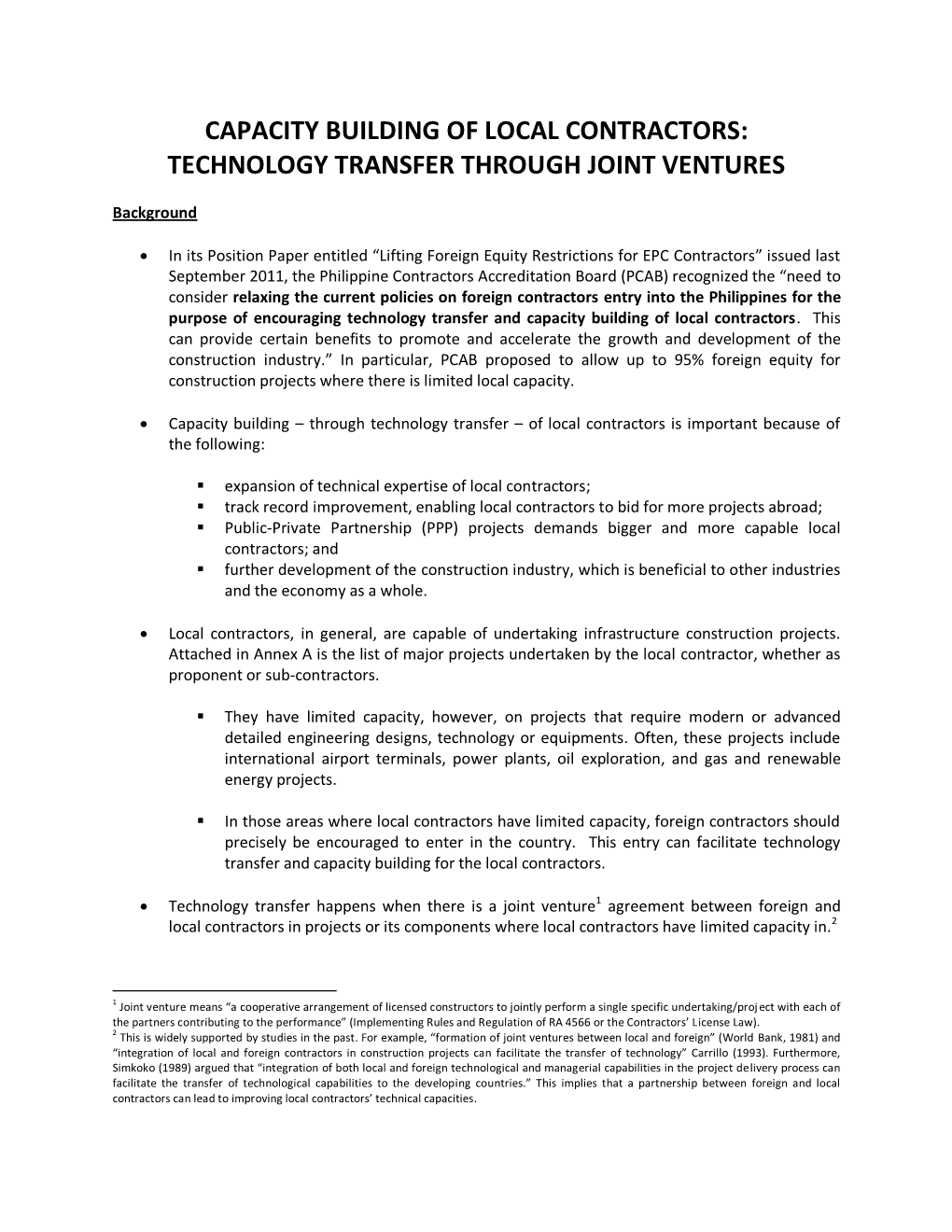 Capacity Building of Local Contractors: Technology Transfer Through Joint Ventures