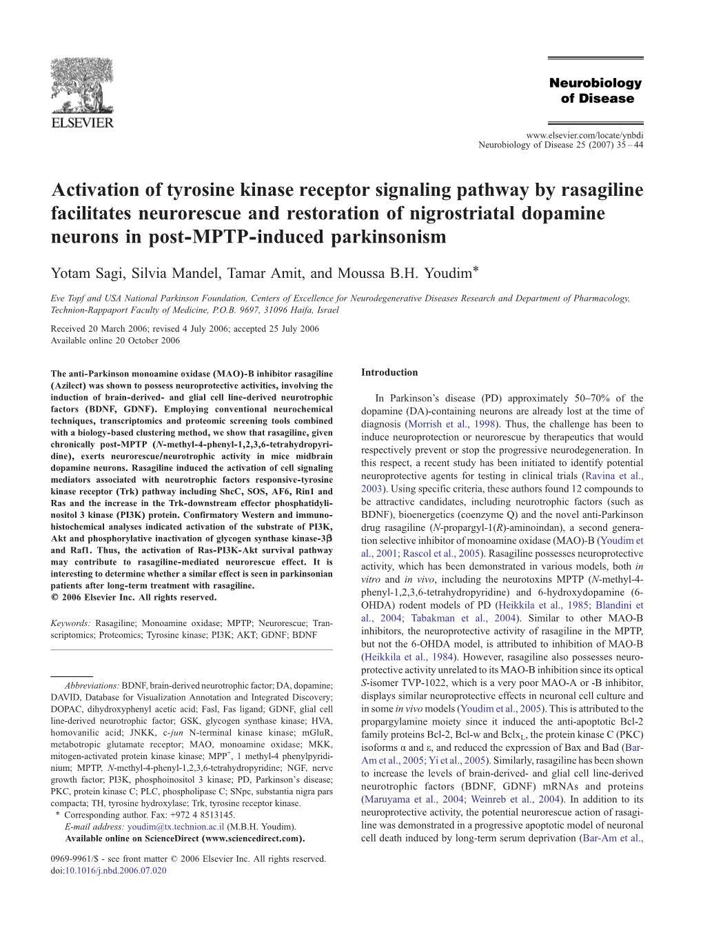 Activation of Tyrosine Kinase Receptor Signaling Pathway by Rasagiline