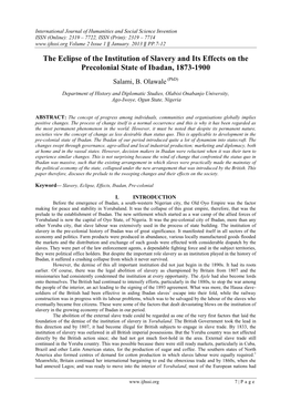 The Eclipse of the Institution of Slavery and Its Effects on the Precolonial State of Ibadan, 1873-1900 Salami, B