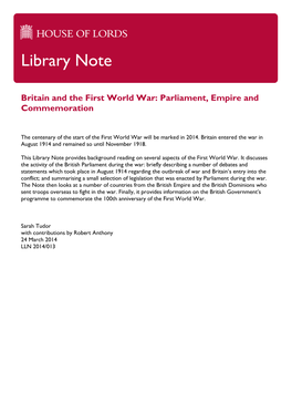 Britain and the First World War: Parliament, Empire and Commemoration