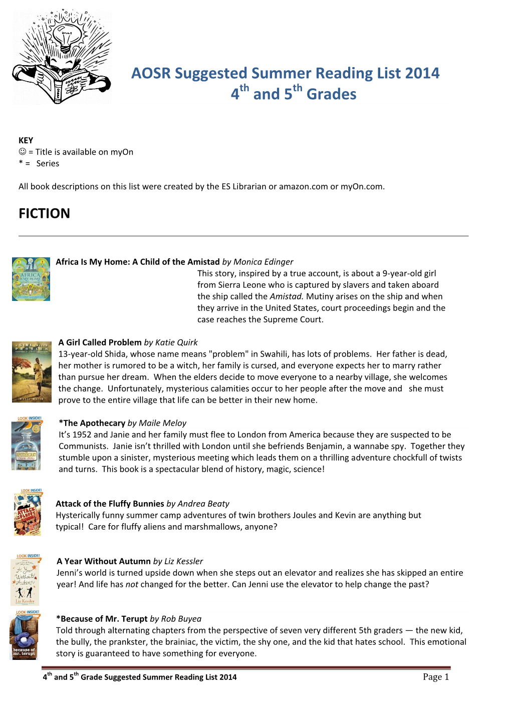 4Th and 5Th Grade Suggested Summer Reading List 2013