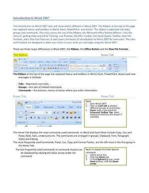 Introduction to Word 2007 the Ribbon Home Tab Home Tab Home