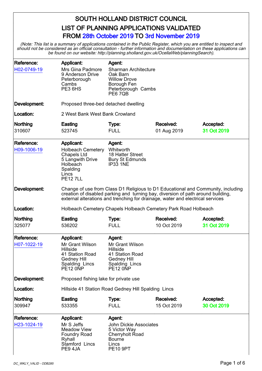 SOUTH HOLLAND DISTRICT COUNCIL LIST of PLANNING APPLICATIONS VALIDATED from 28Th October 2019 to 3Rd November 2019