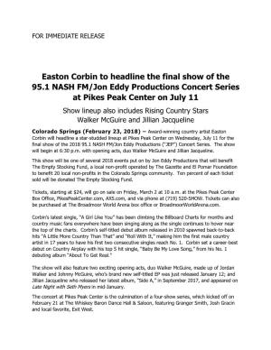 Easton Corbin to Headline the Final Show of the 95.1 NASH FM/Jon